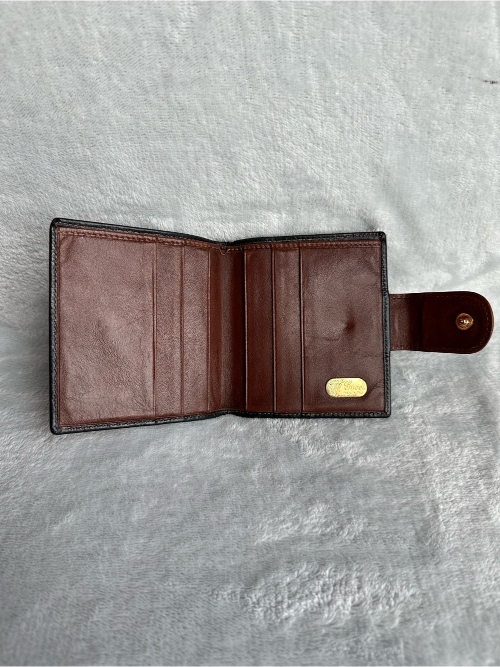 Vintage Gucci Bifold Wallet Black Brown Leather Snap Tab - Picture 5 of 12